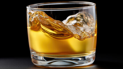Dynamic swirl in glass captures golden cocktail splash with vivid motion and rich color in close up view