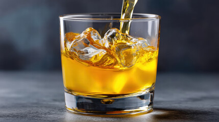 Dynamic swirl of golden liquid in glass with ice cubes creates vibrant cocktail scene full of refreshing energy