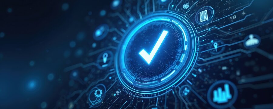 Digital abstract representing approved quality control certification. Futuristic interface shows glowing checkmark symbol inside circuit board. Verified status confirmed by secure online system.