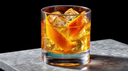 Dynamic cocktail swirl in glass with ice and orange peel on marble surface against black background