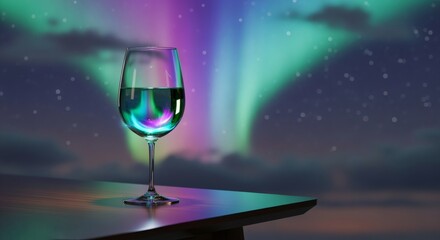 Obraz premium Translucent crystal glass refracts a glowing liquid aurora on a minimal modern table refined. Drink concept