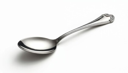 Shiny silver spoon with ornate handle lies on white backdrop. This kitchen utensil is perfect for food blogs, cooking sites, or representing dining. Its clean design offers versatility.