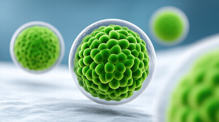 Embryonic cells culture show vibrant green clusters inside transparent spheres with soft blue background creating calm