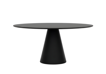 Black table with a wide circular top and conical base isolated on transparent background