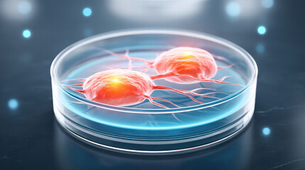 Embryonic cells in culture glowing with bright orange light inside transparent petri dish on dark surface with blue bokeh