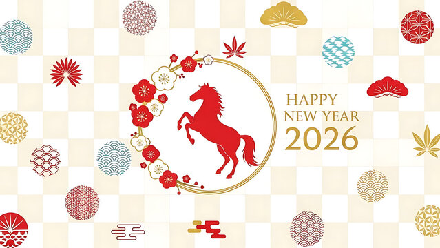 new year 2026 horse zodiac greeting card with traditional japanese patterns and plum blossoms for festive oriental celebration design.