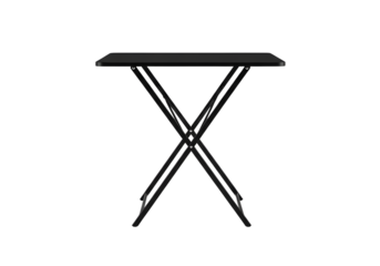 Black folding table on metal frame for indoor or outdoor use isolated on transparent background