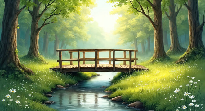 Wooden bridge crosses small stream in sunlit forest. Green grass and white flowers grow beside water. Tall trees form canopy overhead. Peaceful nature scene.