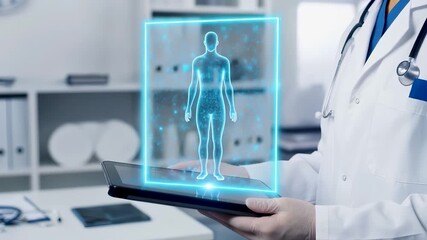 Doctor scanning digital patient profile data on medical tablet technology. Virtual healthcare system analyzing human anatomy body. Smart electronic record interface for hospital diagnosis. - Powered by Adobe