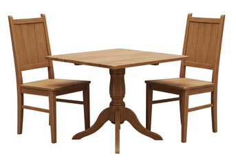 Wooden dining table with two chairs isolated on transparent background