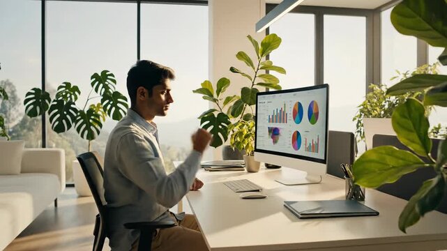 Engaged professional analyzes business analytics and data visualizations on a desktop computer in a bright, plant-filled home office, fostering productivity and well-being - Powered by Adobe