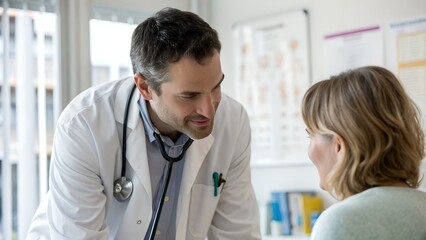 Professional doctor consulting with a female patient in a modern medical clinic, discussing diagnosis and treatment plans with empathy, symbolizing healthcare, communication and wellness. AI generated