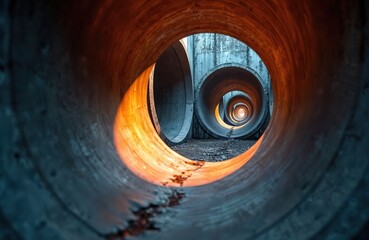 Large concrete pipes stack in industrial area. Round tunnel openings create perspective tunnel effect. Gray concrete texture forms repeating pattern. Pipes ready for construction sewage systems.