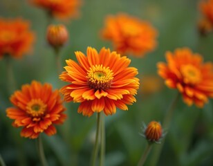 Orange daisy flowers bloom in soft focus green garden background. Close up macro view of bright petals, yellow center, green leaf stem. Nature beauty, summer flora details.