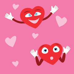 Two vintage-style hearts with white-gloved hands and eyes and a smile on a pink background. The vector drawing is handmade.