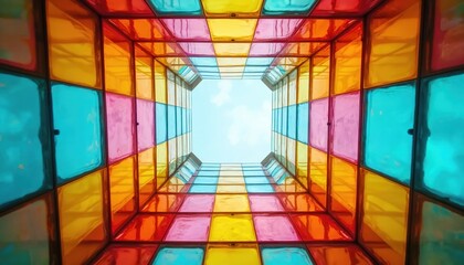 Colorful glass ceiling viewed from below shows sky. Symmetrical geometric pattern made of translucent squares in red, orange, yellow, and blue hues.