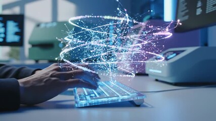Futuristic concept of data processing and network science with hands typing on an illuminated keyboard in a high-tech laboratory - Powered by Adobe