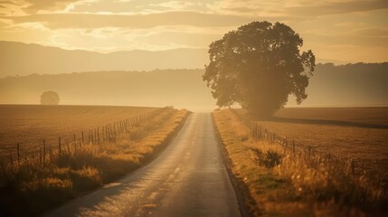 A country road leading towards a distant tree in a hazy golden landscape scene