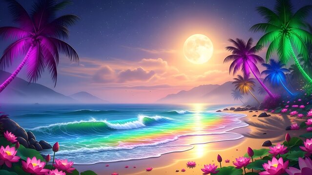Surreal neon palm trees illuminate a rainbow beach scene under a large glowing full moon
