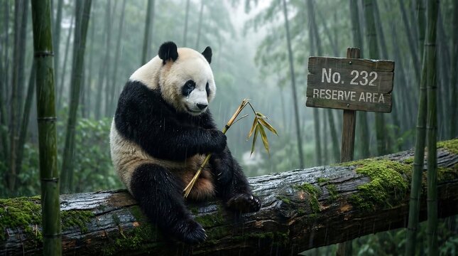 Giant Panda Sitting On Log In Misty Green Bamboo Forest - Powered by Adobe