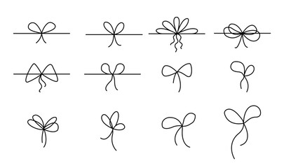 Doodle gift bow. Simple doodle red bows with string and knot for present.  Minimalist line art vector for Christmas celebration and coquette holiday decoration, birthday party or festive package