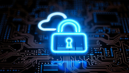 Neon padlock and cloud icon on circuit board background, cybersecurity illustration, digital protection concept, tech security representation suitable for online security services commercial use