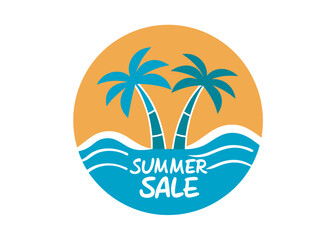 Summer sale label with palm trees and blue ocean waves in circular frame