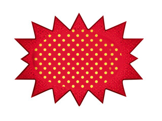 Fototapeta premium Red starburst shape with yellow polka dots, comic style, isolated on white, playful and energetic design for pop art, retro, or creative backgrounds