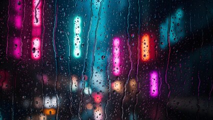 Rain-Covered Window, Cyberpunk Neon City, Pink Purple Teal Lights, Ultra-Realistic 8K Desktop Wallpaper