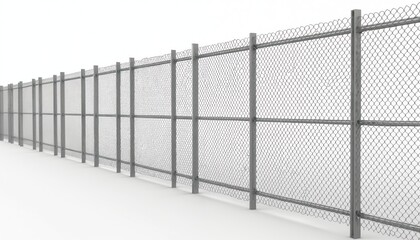 Metal chain link fence section with square posts stands against a clean white background. The wire mesh forms a consistent diamond pattern. This industrial barrier is secured and defines a perimeter.