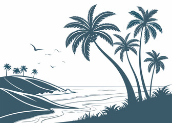 Tropical beach with palm trees on hills, ocean waves and flying birds