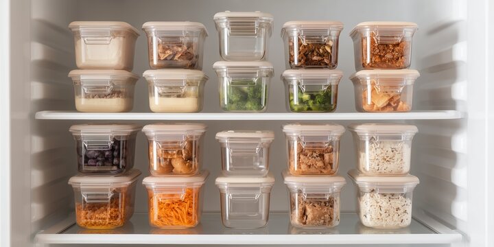 Organized food containers in refrigerator for meal prep and storage