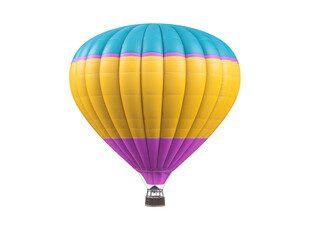 Fototapeta premium Colorful hot air balloon with blue, yellow, and purple stripes isolated on transparency background, showcasing adventure, travel, and freedom in cheerful, uplifting scene