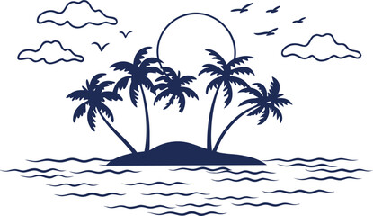 Summer tropical island sunset vector landscape illustration with palm trees and ocean waves