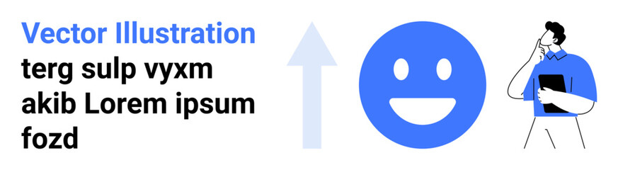 Fototapeta premium Communication, positivity, productivity, decision-making, brainstorming, user interface design. Smiling face icon, arrow text pondering person with clipboard. Communication and positivity concept