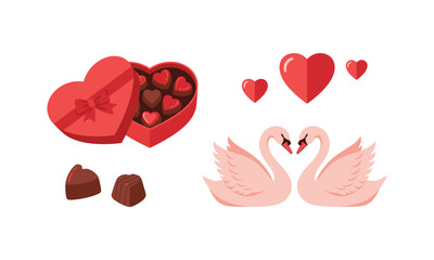 Collection Of Valentine's Day Symbols With Swans And Heart Shaped Box © Creative_Vectors