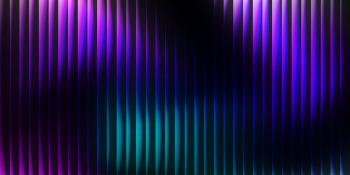 Deep purple and teal vertical light lines on dark surface. Futuristic abstract gradient textured dark vertical glass grooves. Modern elegant cover template, vector illustration.