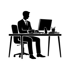 Businessperson Typing on Desktop Computer at Desk &ndash; Minimal Black Silhouette Vector