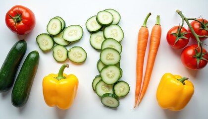 Assortment of fresh raw vegetables including tomatoes, cucumbers, carrots, and yellow bell peppers arranged on a white background. This colorful mix is perfect for healthy meal prep ideas.