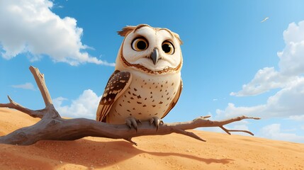Adorable 3D Animated Owl Character with Ear Tufts on a Dry Log in Desert Sand Dune