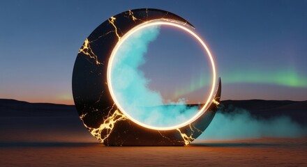 Monumental crescent moon shaped as a glowing portal on a desert horizon with a radiant gold halo. Mystical sacred concept