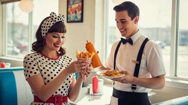 A smiling waiter serves delicious french fries to a happy woman in a retro diner.