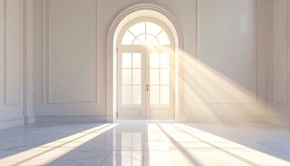 Sunbeams Streaming Through Arched Double Doors Into A Bright White Room With Elegant Molding And Sunlight On The Floor