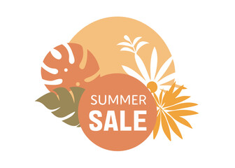 Summer sale banner with tropical leaves and flowers on a warm background