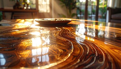 Sunlight Streams Across Polished Wood Table Surface Reflecting Window Panes Indoors Warm Golden Hour Light Highlights Natural Grain Patterns