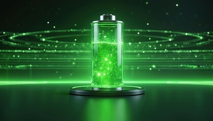 Bright green battery glows with energy particles. Digital abstract illustration of full power, clean energy, and future tech. This concept symbolizes recharge and innovation.