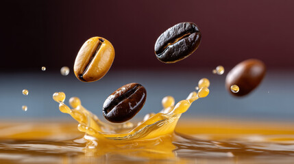 Espresso beans in dynamic motion captured with splash of liquid in closeup