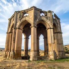 Obraz premium Rundown octagonal stone structure with arches under a blue, cloudy sky in a brown field