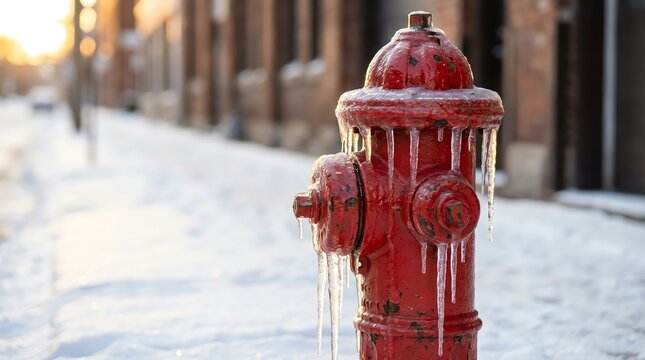Red Fire Hydrant Covered in Icicles on a Snowy Urban Street During Winter.