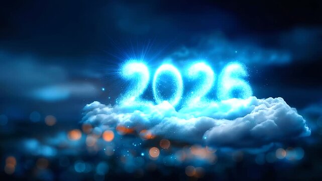 New year weather concept visualization, year 2026 in shape of clouds on blue cloudy sky defocused, atmospheric typography, celestial design, with copy space